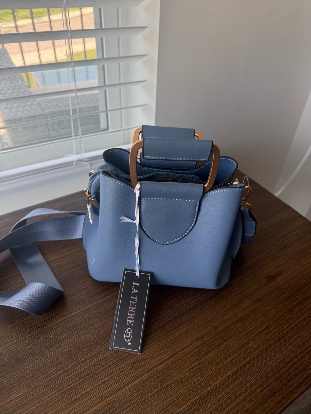 LA TERRE Blue Mini Top-Handle Crossbody Bag